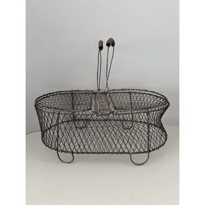 Metal Wire Egg Fruit Basket W/ Handles & Flip Lid Footed Vintage - 11 X 7 X 5